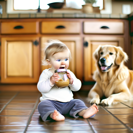 Baby sitting on the floor with a dog nearby.