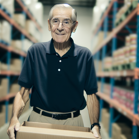Smiling elderly man holding a box in a warehouse.