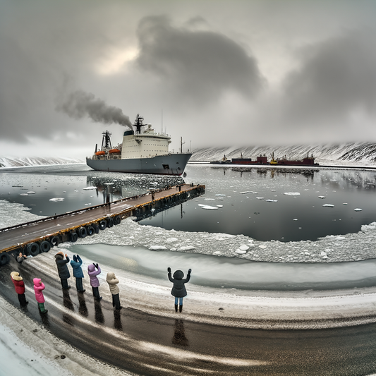 Group of people waving at a ship in icy waters.