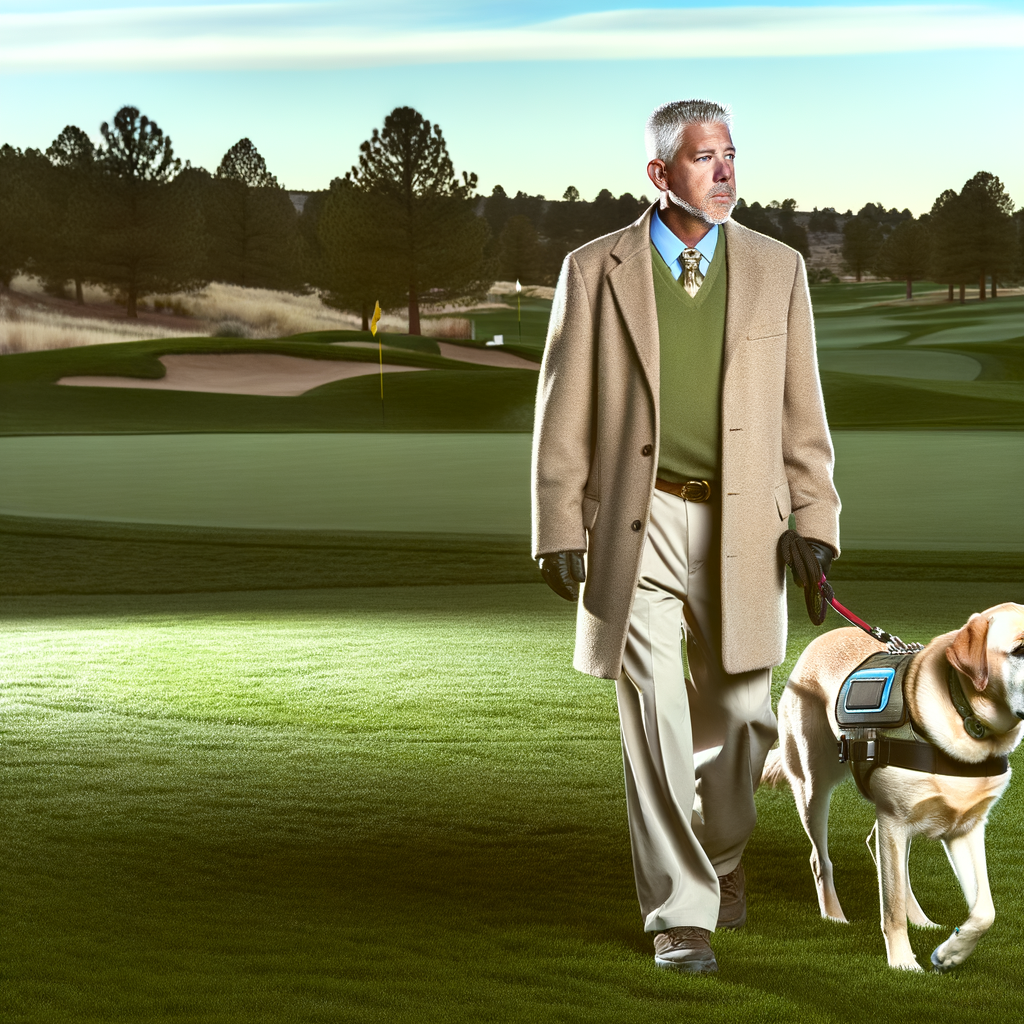 Man walking a dog on a golf course.