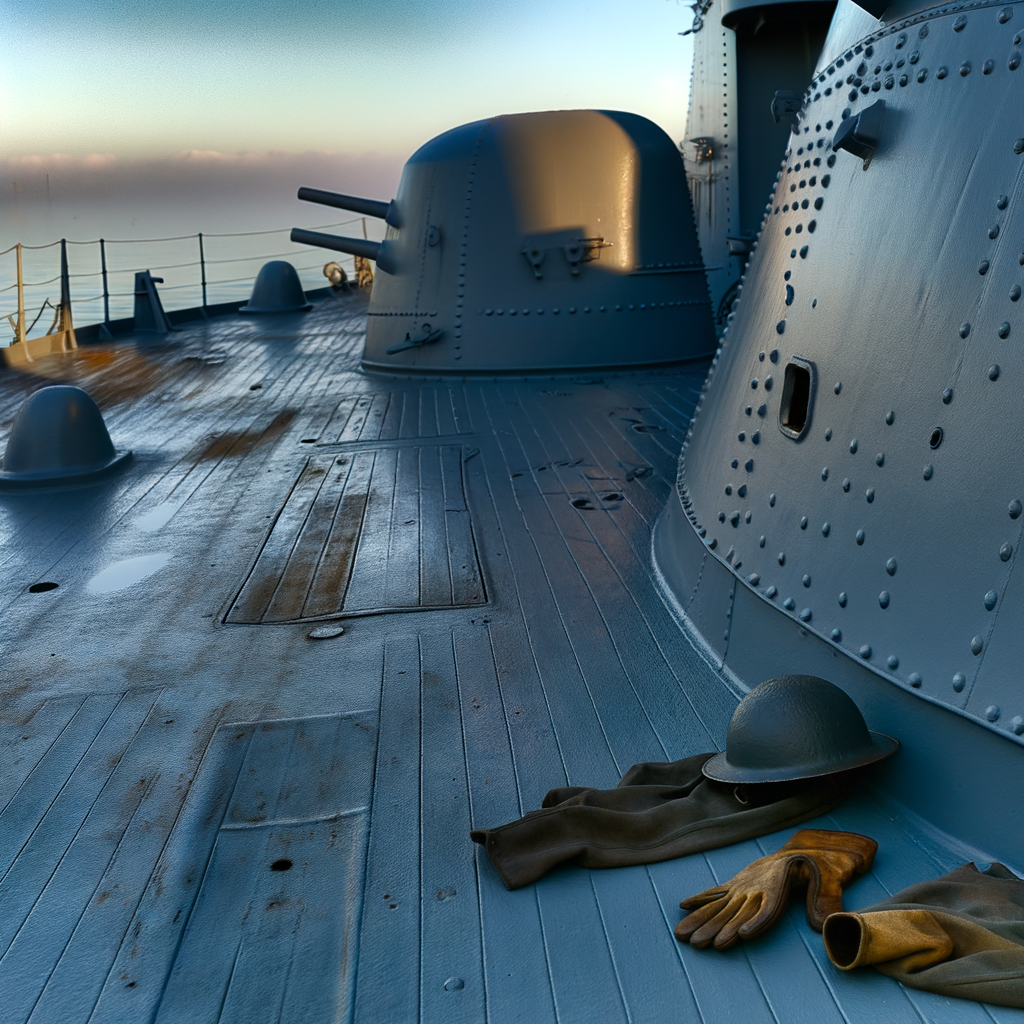 A soldier's gear resting on a ship's deck.