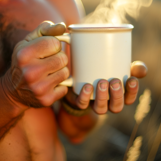 A person holding a steaming mug outdoors.