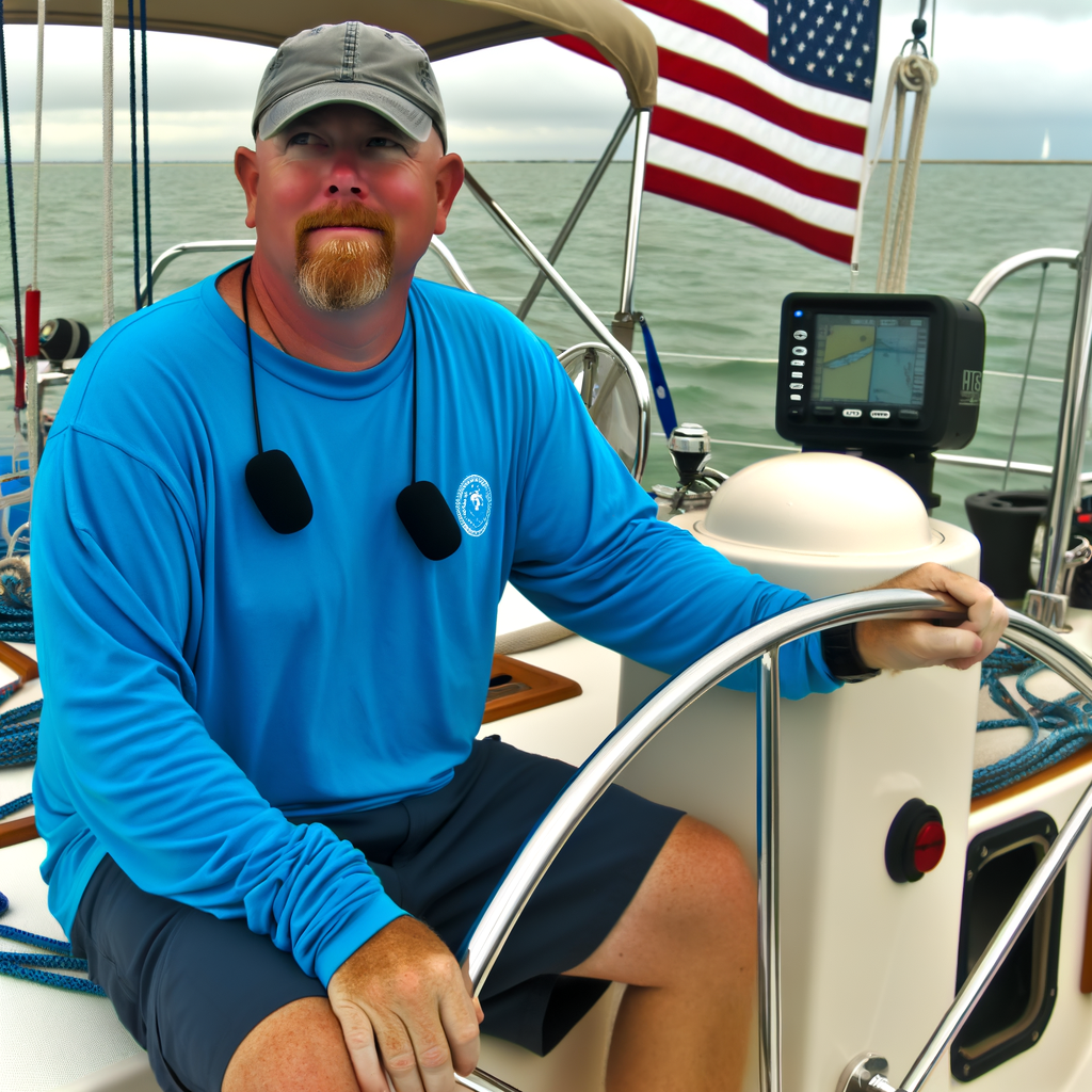 Person steering a sailboat on the water.