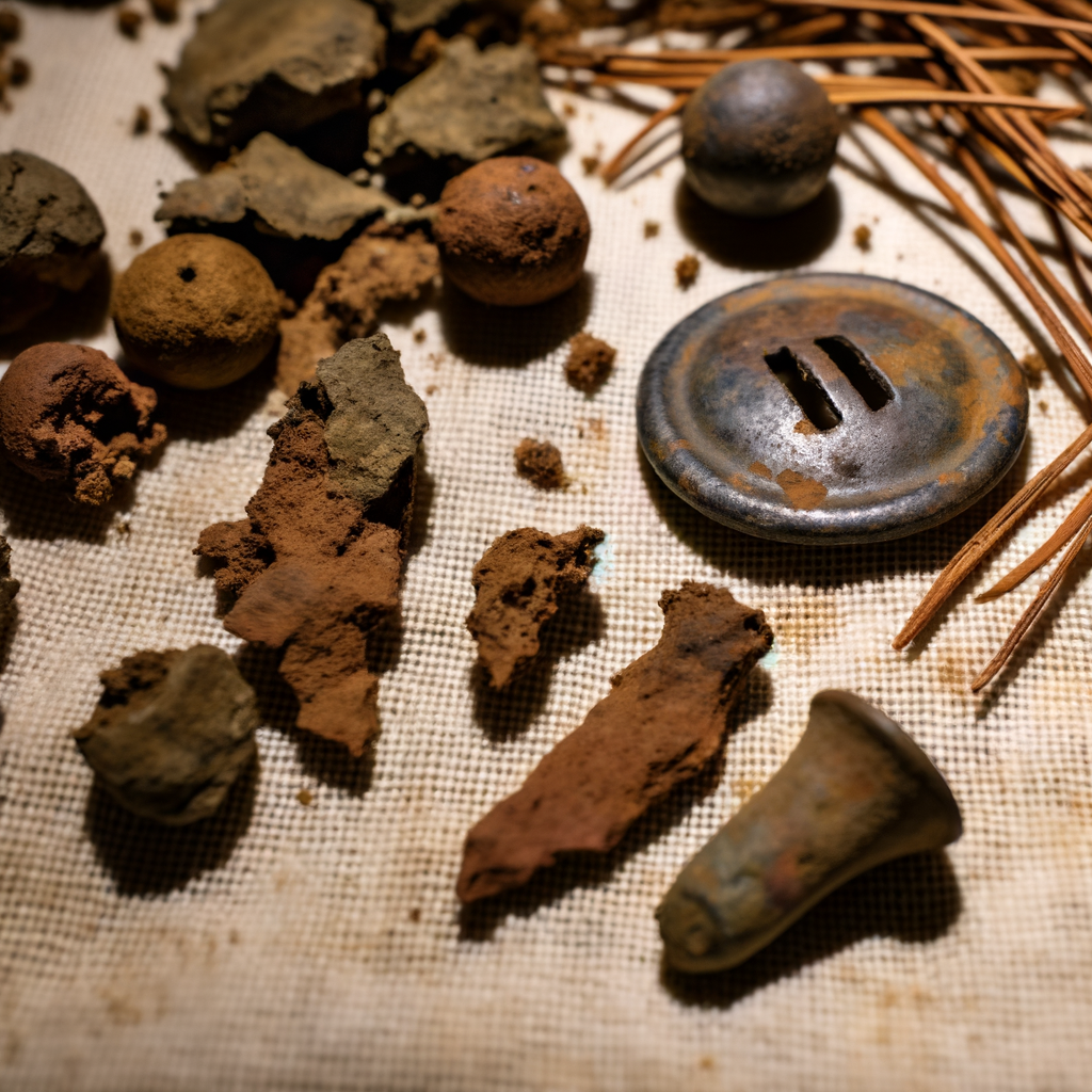 Vintage artifacts and rusty items scattered on fabric.