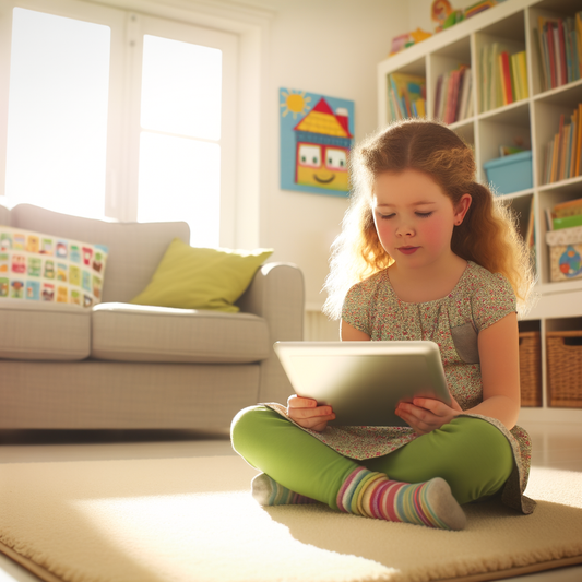 Child sitting on the floor, using a tablet.