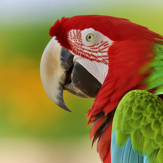 Colorful parrot against a blurred green background.
