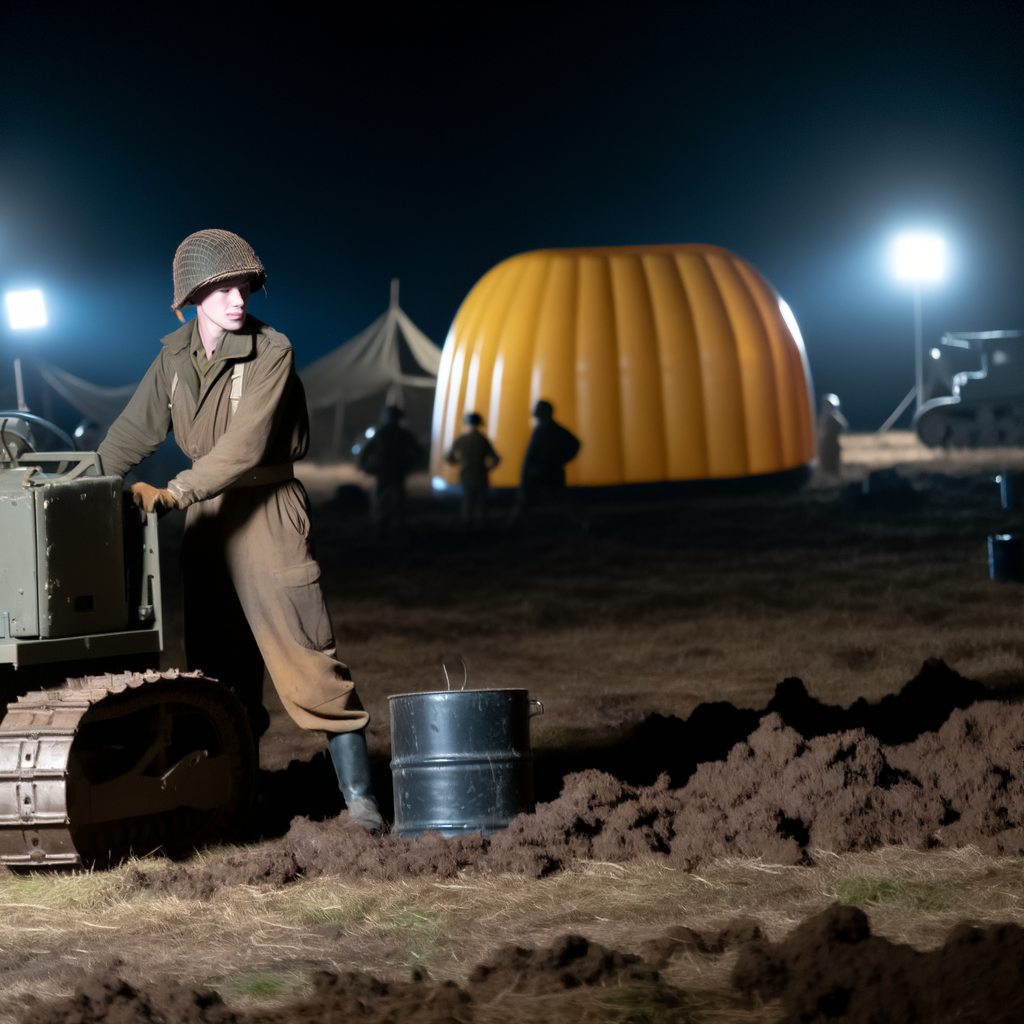 Soldier operating a small tank at night.