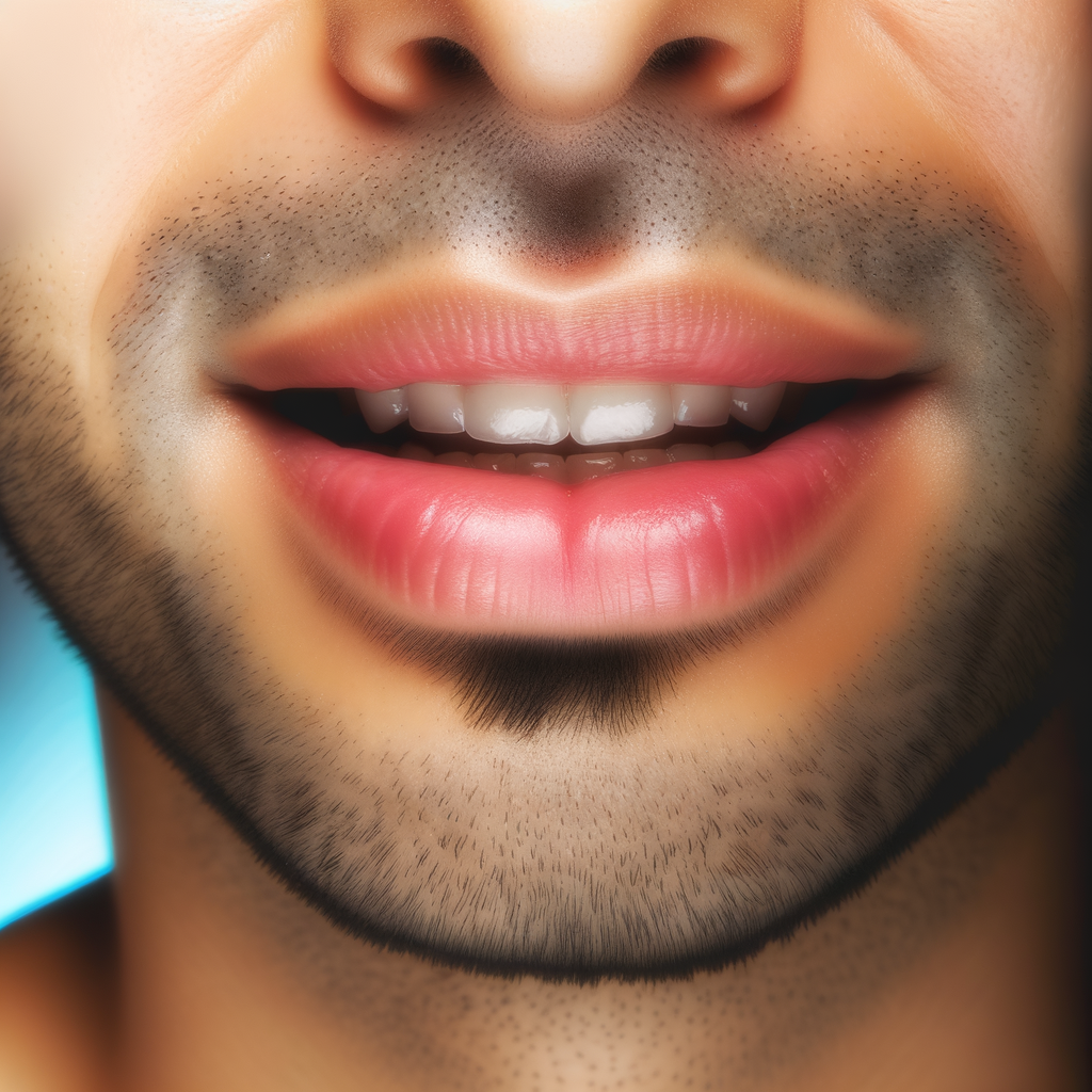 Close-up of a smiling man's lips and chin.