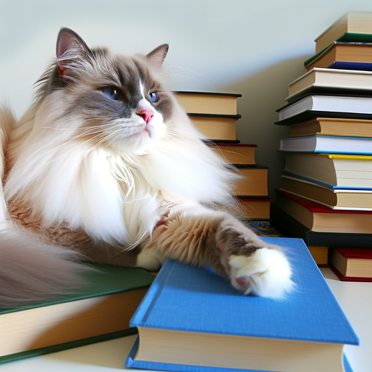 Fluffy cat lounging on a stack of books.