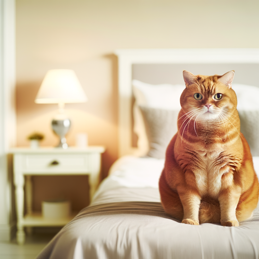 Orange cat sitting on a bed in a cozy room.