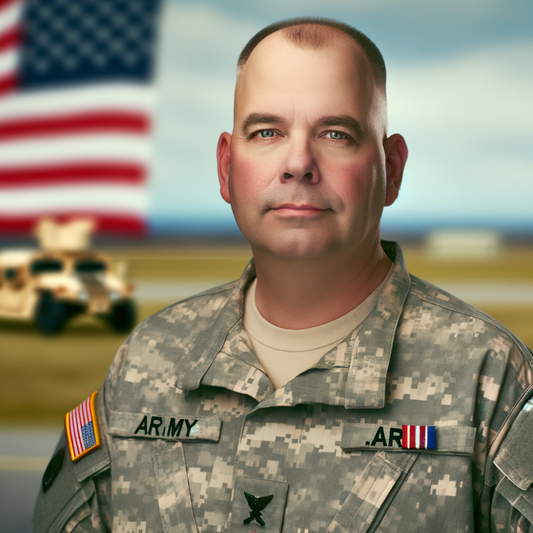 A soldier in uniform with an American flag backdrop.