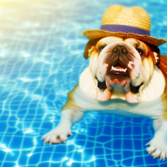 Bulldog in a straw hat relaxing in a pool.