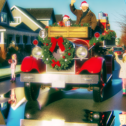 Children and Santa wave from a festive red truck.