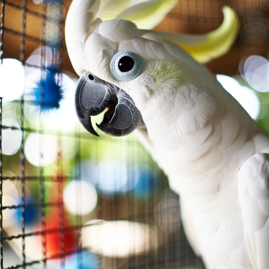White cockatoo perched in a colorful birdcage.