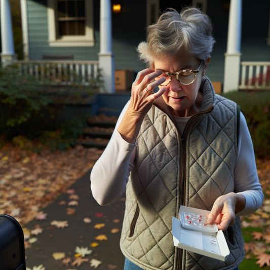 An older woman checks her glasses while holding medication.