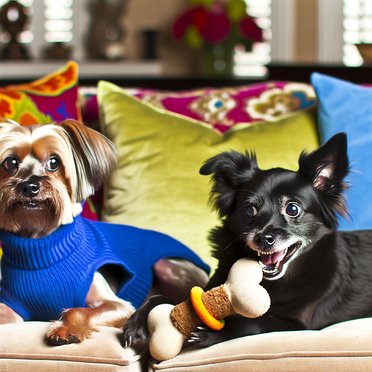 Two dogs relaxing on a colorful couch with toys.
