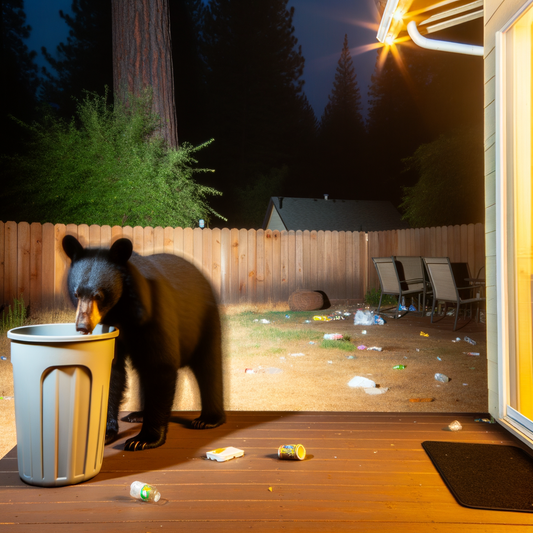 A bear rummaging through a trash can at night.