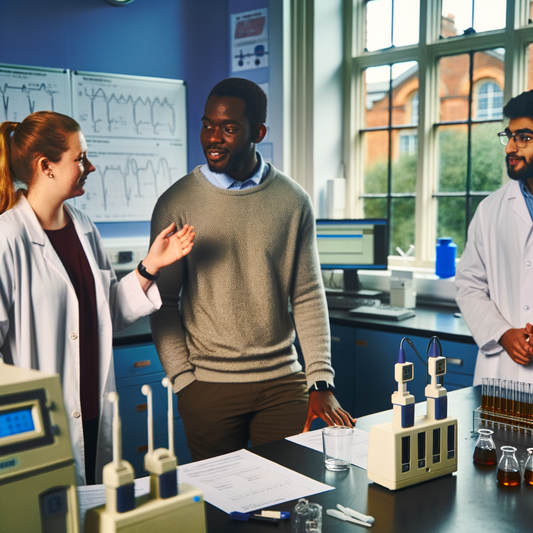 Three scientists discussing in a laboratory setting.
