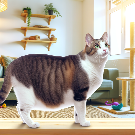 A curious cat standing in a bright living room.