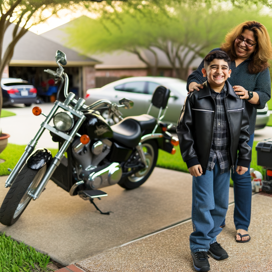 Smiling boy in leather jacket with happy woman.