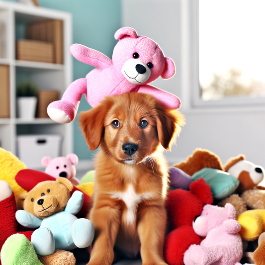 Puppy surrounded by colorful stuffed animals and toys.