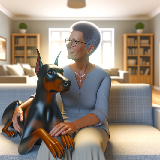 Woman sitting with a dog in a cozy living room.