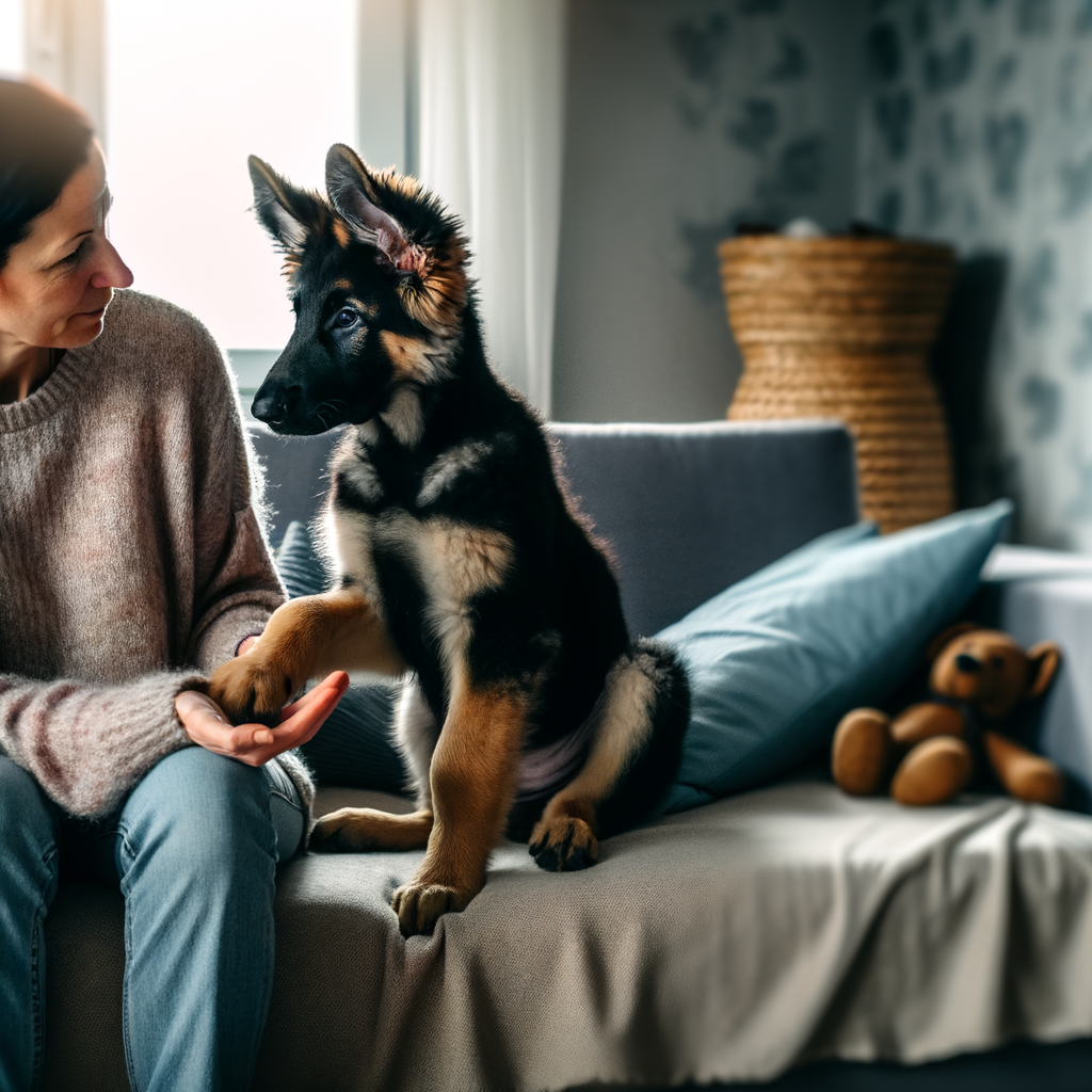 Woman interacting playfully with a German Shepherd puppy.