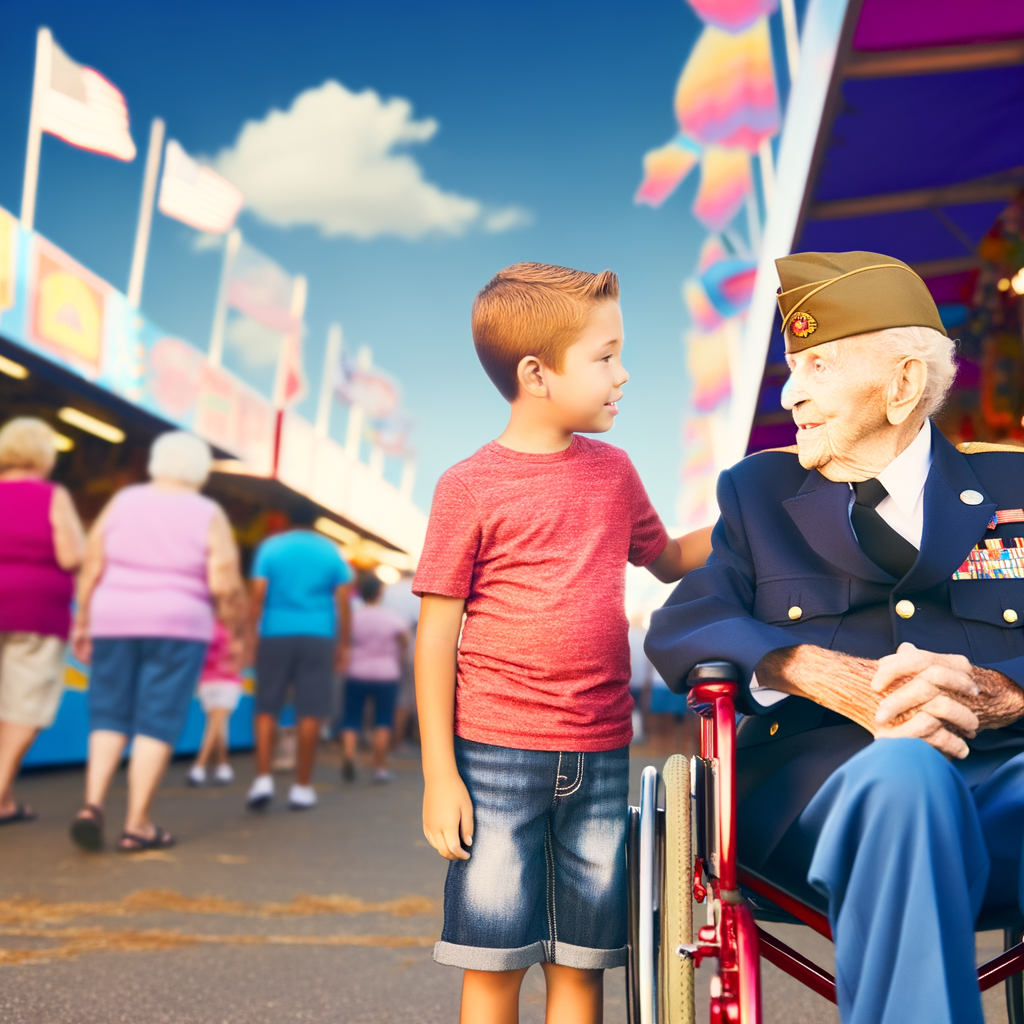 A boy shares a joyful moment with a veteran.