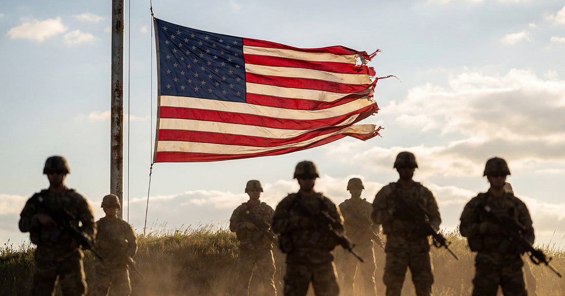 Group of armed soldiers standing in formation near a worn American flag blowing in the wind.