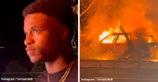 Split image: on the left, a young man in a black shirt under red light; on the right, a car burning in flames.