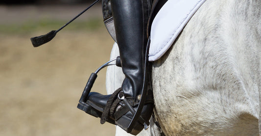 Close-up of a rider's boot in a stirrup on a gray horse.