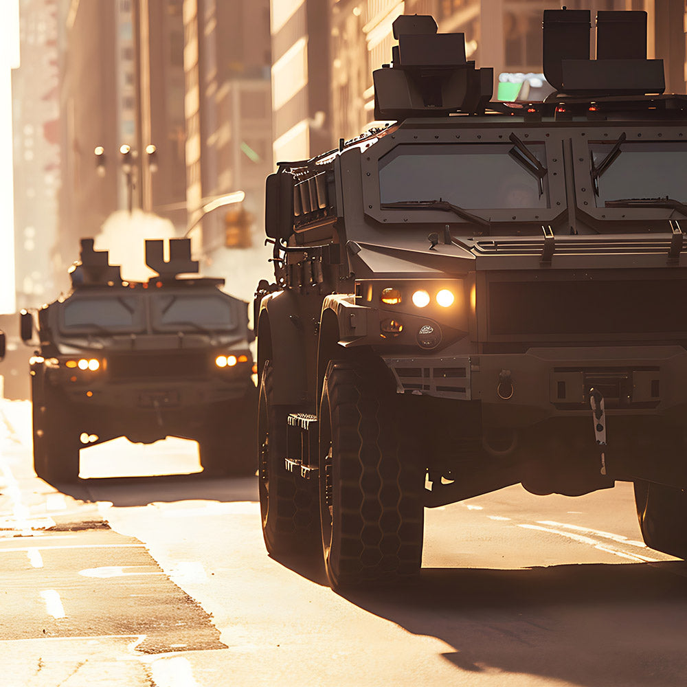 Armored military vehicles drive down a city street in formation, their headlights on as smoke rises in the background.