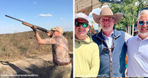 Split image showing a man aiming a shotgun in a dry outdoor landscape on the left and three adult men posing together on a sunny street on the right.