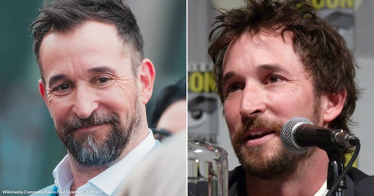On the left, a middle-aged man with dark hair and a beard smiles warmly outdoors; on the right, a younger bearded man speaks at a Comic-Con panel.