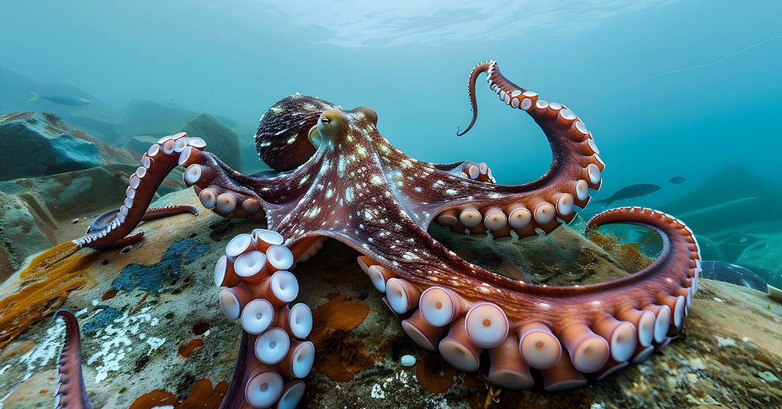 Giant Pacific octopus stretched out on the seafloor, arm extended with suction cups facing camera.