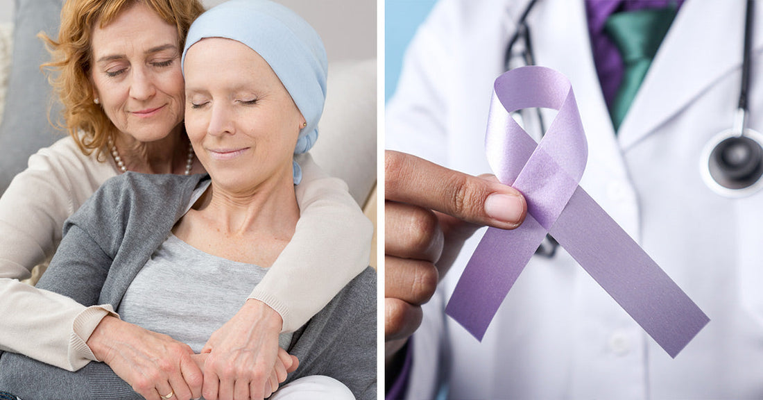 Split image showing a woman embracing a headscarf-wearing patient on the left and a doctor holding a lavender awareness ribbon on the right.