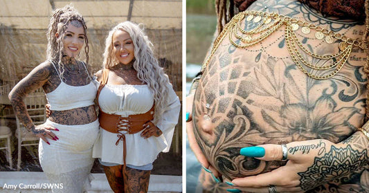 Left: Two tattooed women posing together outdoors; Right: Close-up of a pregnant belly covered in tattoos with hands gently holding it.