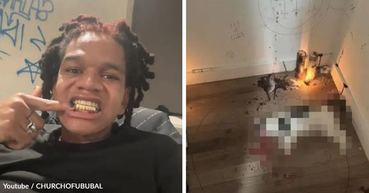 Split image showing a man pointing to gold teeth on the left and a blurred graphic scene involving a cat on the floor on the right.