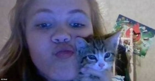 A young woman with blonde hair holds a small tabby kitten close to her cheek while making a kissing face indoors.