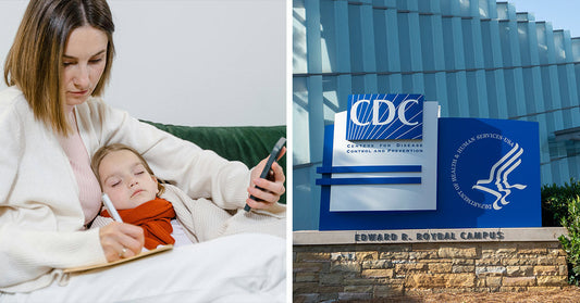 Side-by-side image showing a mother writing while holding a phone and comforting her sleeping child, next to the CDC headquarters sign at the Edward R. Roybal Campus.