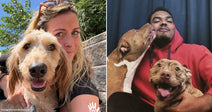 On the left, a blonde woman hugs a fluffy golden doodle outdoors; on the right, a man in a red hoodie cuddles two pit bull dogs indoors.