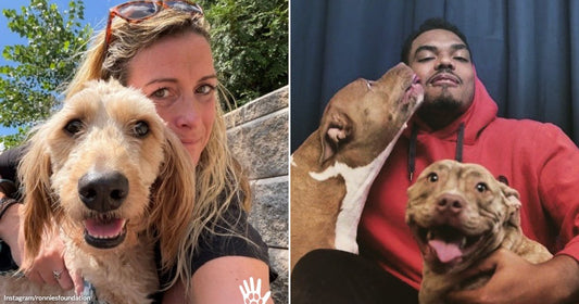 On the left, a blonde woman hugs a fluffy golden doodle outdoors; on the right, a man in a red hoodie cuddles two pit bull dogs indoors.