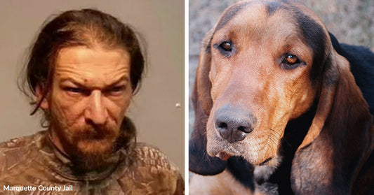 Mugshot of a man next to a close-up of a brown hound dog with long ears.