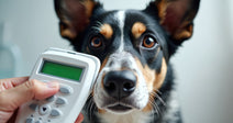 A hand holds a microchip scanner in front of a Jack Russell Terrier type dog.