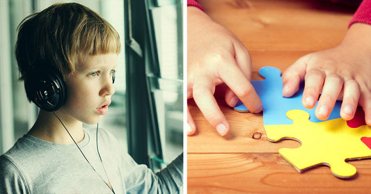 Split image of a child wearing headphones looking out a window and hands assembling puzzle pieces.