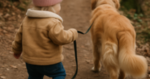 A small child walks a golden retriever on a forest path.