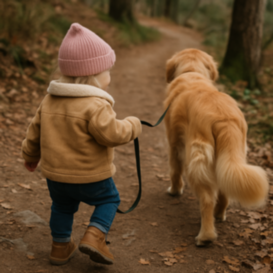 A small child walks a golden retriever on a forest path.