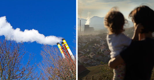 Side-by-side images of smokestacks emitting a white plume into a blue sky and a woman holding a child while overlooking a hazy town with an industrial plant.