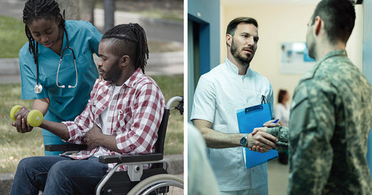 Split image of a rehab session with a man in a wheelchair lifting weights and a doctor shaking hands with a service member in a clinic.