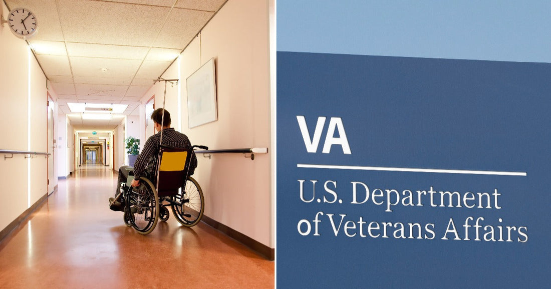 On the left, a person in a wheelchair moves down a hospital corridor; on the right, a U. S.